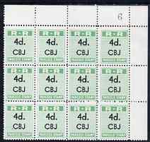Northern Rhodesia 1951-68 Railway Parcel stamp 4d (small numeral) overprinted CBJ (Chambishi) fine unmounted mint corner block of 12 with sheet number, stamps on 