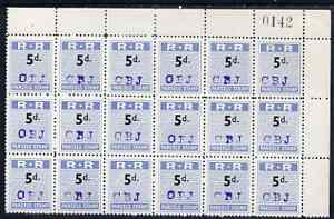 Northern Rhodesia 1951-68 Railway Parcel stamp 5d (small numeral) handstamped CBJ (Chambishi) fine unmounted mint corner block of 18 with sheet number, stamps on 