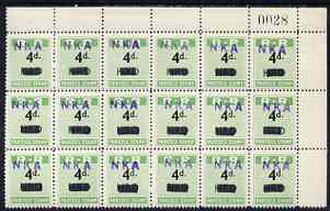 Northern Rhodesia 1951-68 Railway Parcel stamp 4d (small numeral) handstamped NKA (Nkana Kitwe) on HRD (Hunters Road) fine unmounted mint corner block of 18 with sheet number, stamps on , stamps on  stamps on northern rhodesia 1951-68 railway parcel stamp 4d (small numeral) handstamped nka (nkana kitwe) on hrd (hunters road) fine unmounted mint corner block of 18 with sheet number