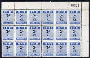 Northern Rhodesia 1951-68 Railway Parcel stamp 2d (small numeral) overprinted KL (Kalomo) fine unmounted mint corner block of 18 with sheet number, stamps on , stamps on  stamps on northern rhodesia 1951-68 railway parcel stamp 2d (small numeral) overprinted kl (kalomo) fine unmounted mint corner block of 18 with sheet number