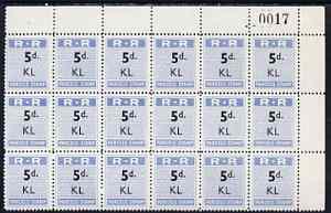 Northern Rhodesia 1951-68 Railway Parcel stamp 5d (small numeral) overprinted KL (Kalomo) fine unmounted mint corner block of 18 with sheet number, stamps on 