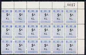 Northern Rhodesia 1951-68 Railway Parcel stamp 5d (small numeral) overprinted KL (Kalomo) fine unmounted mint corner block of 18 with sheet number, stamps on 