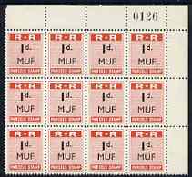 Northern Rhodesia 1951-68 Railway Parcel stamp 1d (small numeral) overprinted MUF (Mufulira) fine unmounted mint corner block of 12 with sheet number, stamps on 