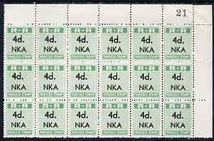 Northern Rhodesia 1951-68 Railway Parcel stamp 4d (small numeral) overprinted NKA (Nkana Kitwe) fine unmounted mint corner block of 18 with sheet number, stamps on , stamps on  stamps on northern rhodesia 1951-68 railway parcel stamp 4d (small numeral) overprinted nka (nkana kitwe) fine unmounted mint corner block of 18 with sheet number
