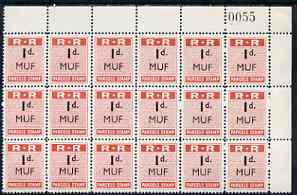 Northern Rhodesia 1951-68 Railway Parcel stamp 1d (small numeral) overprinted MUF (Mufulira) fine unmounted mint corner block of 18 with sheet number, stamps on 