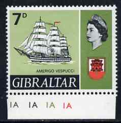 Gibraltar 1967-69 Amerigo 7d unmounted mint single with patched sail variety, stamps on 