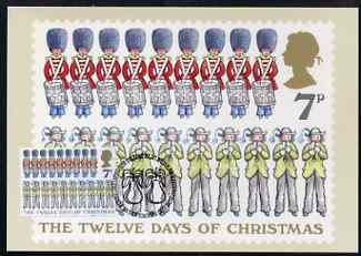 Great Britain 1977 QEII Christmas 7p PHQ card (12 Lords & 11 Ladies) with error of text (7 swans & 8 maids) used with Bureau cancel