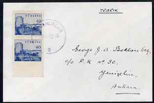Turkey 1959 40k def vert pair on local cover, lower stamp with bottom perfs misplaced 5mm, scarce on cover, stamps on 