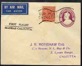 India 1934 first flight cover Madras to Calcutta, stamps on , stamps on  stamps on india 1934 first flight cover madras to calcutta