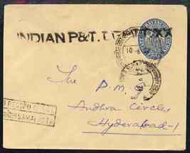 Indian States - Travancore 1972 1a p/stat env from Samalkota to Hyderabad , stamps on 