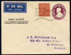 India 1934 first flight cover Calcutta to Madras, stamps on , stamps on  stamps on india 1934 first flight cover calcutta to madras