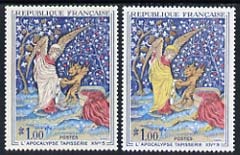 France 1965 Art 1f L'Apocalypse unmounted mint with yellow omitted - unlisted by Gibbons, plus normal, stamps on , stamps on  stamps on france 1965 art 1f l'apocalypse unmounted mint with yellow omitted - unlisted by gibbons, stamps on  stamps on  plus normal