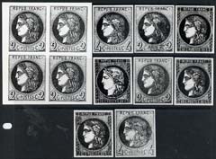 France 1870 Ceres - nine Photographic prints from Speratis own negatives of values 2c to 80c (incl 2c ˜) enlarged twice linear, 8 have special BPA h/stamp on back, a sup..., stamps on forgeries, stamps on forger, stamps on forgery, stamps on sperati