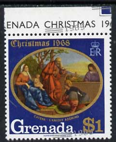 Grenada 1969 Christmas 1969 $1 value unmounted mint with silver (new date) misplaced obliquely appearing at the bottom of stamp instead of at top (plus additional date in top margin), stamps on , stamps on  stamps on grenada 1969 christmas 1969 $1 value unmounted mint with silver (new date) misplaced obliquely appearing at the bottom of stamp instead of at top (plus additional date in top margin)