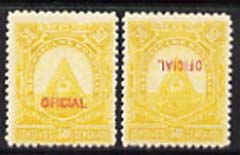 Honduras 1890 Official 50c yellow two mounted mint example a) with Official doubled and b) with Official inverted, both mint, stamps on 