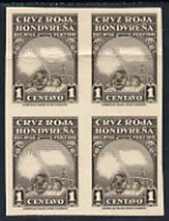 Honduras 1945 Red Cross 1c imperf proof block of 4 in grey (without flag & cross) mounted on thick card (ex ABN Co Archives) horiz crease but only one sheet exists, SG456, stamps on , stamps on  stamps on honduras 1945 red cross 1c imperf proof block of 4 in grey (without flag & cross) mounted on thick card (ex abn co archives) horiz crease but only one sheet exists, stamps on  stamps on  sg456