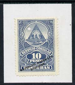 Honduras Colour trial proof of 10peso Consular Service stamp in blue-grey affixed to small piece overprinted 'Waterlow & Sons Ltd, Specimen' with small security puncture, stamps on , stamps on  stamps on honduras colour trial proof of 10peso consular service stamp in blue-grey affixed to small piece overprinted 'waterlow & sons ltd, stamps on  stamps on  specimen' with small security puncture