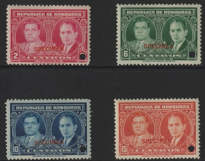 Honduras 1933 Inauguration of President set of 4 unmounted mint optd SPECIMEN with security punch hole (ex ABN Co archives) SG 355-58, stamps on 