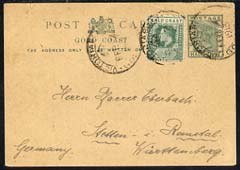 Gold Coast 1913 QV 1/2d p/stat card to Germany bearing additional KE7 1/2d cancelled VICTORIABORG, corner creased, stamps on , stamps on  stamps on , stamps on  stamps on  ke7 , stamps on  stamps on  qv , stamps on  stamps on 