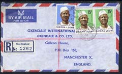 Sierra Leone 1973 registered commercial air mail cover to UK with NEW ENGLAND reg label, stamps on 