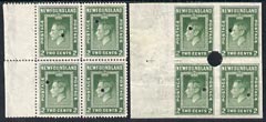 Newfoundland 1941-44 KG6 2c perf & imperf matched proof blocks of 4 ex archives for checking, each stamp with Waterlow security punch hole, some wrinkling, SG277, stamps on , stamps on  stamps on , stamps on  stamps on  kg6 , stamps on  stamps on 