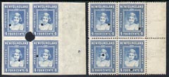 Newfoundland 1941-44 KG6 Princess Elizabeth 4c in perf & imperf proof blocks of 4 from Waterlow archives, each stamp with security punch hole, SG279 some wrinkling, stamps on , stamps on  stamps on , stamps on  stamps on  kg6 , stamps on  stamps on 