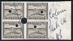 Newfoundland 1941-44 KG6 Salmon 10c black-brown imperf marginal PROOF block of 4 each stamp with Waterlow security punch hole, endorsed in margin Colour & Plate OK, some ..., stamps on , stamps on  kg6 , stamps on 