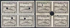 Newfoundland 1941-44 KG6 Salmon 10c in perf & imperf proof blocks of 4 from Waterlow archives, each stamp with security punch hole, SG283 some wrinkling, stamps on , stamps on  stamps on , stamps on  stamps on  kg6 , stamps on  stamps on 