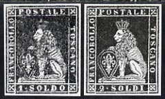 Italy - Tuscany 1851 photographic prints of 1s & 2s from Sperati's own negatives enlarged twice linear, both with special h/stamp on back, stamps on , stamps on  stamps on forgeries, stamps on  stamps on forger, stamps on  stamps on forgery, stamps on  stamps on sperati