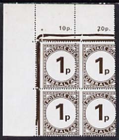 Gibraltar 1971 Postage Dues 1p sepia unmounted mint corner block of 4 with vert perfs misplaced, SG D5var, stamps on 