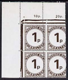 Gibraltar 1971 Postage Dues 1p sepia unmounted mint corner block of 4 with vert perfs misplaced, SG D5var, stamps on , stamps on  stamps on gibraltar 1971 postage dues 1p sepia unmounted mint corner block of 4 with vert perfs misplaced, stamps on  stamps on  sg d5var