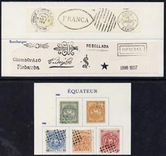 Ecuador 18 forgery items on pieces from Fournier album (5 stamps, 9 opts & 4 cancellations)