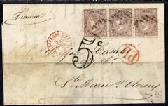 Spain 1869 Cover bearing fine1867 50m strip of 3, 5c h/stamp & red PD etc, sl soiling but attractive, stamps on 