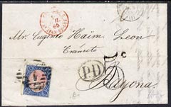 Spain 1865 entire to Bayonne bearing 12c adhesive with 5c rate marking & oval PD alongside, stamps on 