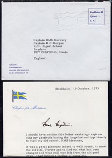 Sweden 1973 cover and letter from C-in-C Royal Swedish Navy, Vice Admiral Bengt Lundvall, stamps on 
