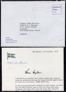 Sweden 1973 cover and letter from C-in-C Royal Swedish Navy, Vice Admiral Bengt Lundvall, stamps on , stamps on  stamps on sweden 1973 cover and letter from c-in-c royal swedish navy, stamps on  stamps on  vice admiral bengt lundvall