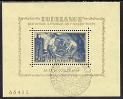 Luxembourg 1946 Stamp Exhibition, Dudelange m/sheet very fine cds used, SG MS 487a, stamps on , stamps on  stamps on luxembourg 1946 stamp exhibition, stamps on  stamps on  dudelange m/sheet very fine cds used, stamps on  stamps on  sg ms 487a