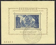 Luxembourg 1946 Stamp Exhibition, Dudelange m/sheet very fine cds used, SG MS 487a, stamps on , stamps on  stamps on luxembourg 1946 stamp exhibition, stamps on  stamps on  dudelange m/sheet very fine cds used, stamps on  stamps on  sg ms 487a