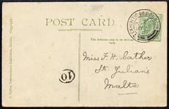 Ireland 1907 PPC (Irish International Exhibition) bearing Great Britain 1/2d with exhibition cancel to Malta, fine