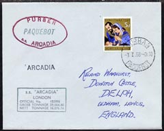 Norfolk Island used in Durban (South Africa) 1968 Paquebot cover to England carried on SS Arcadia with various paquebot and ships cachets, stamps on paquebot