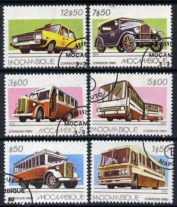 Mozambique 1980 Road Transport cto set of 6 SG 803-08*, stamps on , stamps on  stamps on transport, stamps on  stamps on buses, stamps on  stamps on trucks, stamps on  stamps on ford, stamps on  stamps on fiat, stamps on  stamps on scania, stamps on  stamps on 