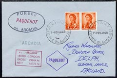 Hong Kong used in Sydney (New South Wales) 1968 Paquebot cover to England carried on SS Arcadia with various paquebot and ships cachets, stamps on , stamps on  stamps on paquebot