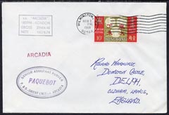 Hong Kong used in Wilmington (CA) 1968 Paquebot cover to England carried on SS Arcadia with various paquebot and ships cachets, stamps on paquebot