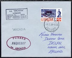 Gibraltar used in Durban (South Africa) 1968 Paquebot cover to England carried on SS Arcadia with various paquebot and ships cachets, stamps on paquebot
