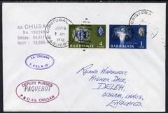 Barbados used in Canal Zone 1970 Paquebot cover to England carried on SS Chusan with various paquebot and ships cachets, stamps on paquebot