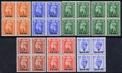 British Postal Agencies in Eastern Arabia 1950 KG6 set to 4as (including both 1.5d) in unmounted mint blocks of 4, SG 35-40  cat A388, stamps on , stamps on  stamps on , stamps on  stamps on  kg6 , stamps on  stamps on 