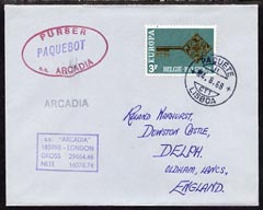 Belgium used in Lisbon (Portugal) 1968 Paquebot cover to England carried on SS Arcadia with various paquebot and ships cachets