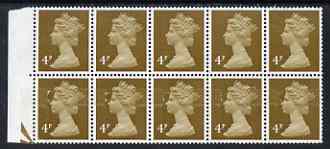 Great Britain 1971-96 QEII Machin 4d ochre block of 10 (5x2) 5 upper stamp missing phos, lower 5 part missing, some marks on each side probably as a result unmounted mint, stamps on , stamps on  stamps on great britain 1971-96 qeii machin 4d ochre block of 10 (5x2) 5 upper stamp missing phos, stamps on  stamps on  lower 5 part missing, stamps on  stamps on  some marks on each side probably as a result unmounted mint
