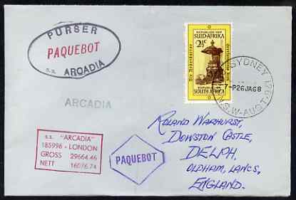 South Africa used in Sydney (New South Wales) 1968 Paquebot cover to England carried on SS Arcadia with various paquebot and ships cachets, stamps on paquebot