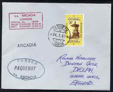 South Africa used in Lisbon (Portugal) 1968 Paquebot cover to England carried on SS Arcadia with various paquebot and ships cachets, stamps on paquebot